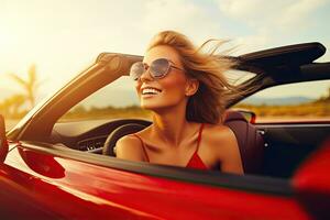 summer holidays, vacation, road trip and people concept - smiling young woman driving convertible car. Generative AI photo