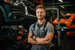 selective focus of handsome auto mechanic in uniform repairing car in auto repair shop. Generative AI photo