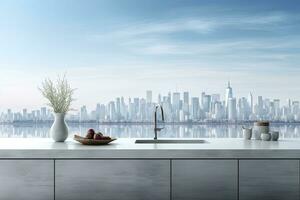 lujo cocina interior con blanco mármol encimera, lavabo y ventana con panorámico vista. generativo ai foto