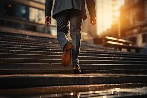 Close up young businessman feet sprinting up stairs office middle image.  Generative AI photo