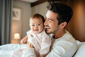 sonriente y contento padre y hija gasto el fin de semana en un calentar hogar. generativo ai foto