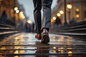 Close up young businessman feet sprinting up stairs office middle image. photo