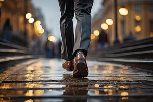 Close up young businessman feet sprinting up stairs office middle image.  Generative AI photo