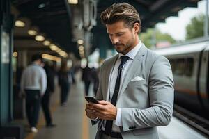 handsome businessman using smartphone while in the city. Generative AI photo
