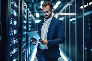 Handsome young businessman using digital tablet while standing in server room.  Generative AI photo