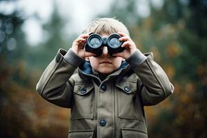 Little boy looking through binoculars in the park. Kid exploring nature.  Generative AI photo