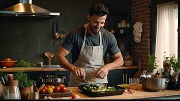 Cheerful young man in apron cooking salad while standing in kitchen at home. Generative AI photo