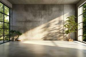 Interior of modern loft with concrete floor and panoramic windows.  Generative AI photo
