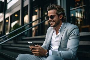 handsome businessman using smartphone while in the city. Generative AI photo