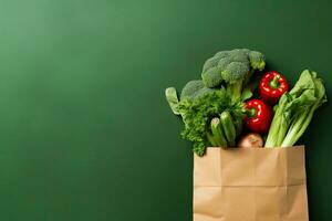 Shopping bag full of fresh organic vegetables on green background. Healthy food concept.  Generative AI photo