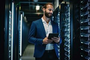 Handsome young businessman using digital tablet while standing in server room.  Generative AI photo