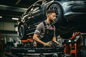 selective focus of handsome auto mechanic in uniform repairing car in auto repair shop. Generative AI photo