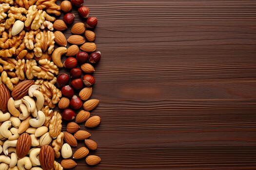 Almond nuts on wooden background. Top view with copy space. Generative AI photo