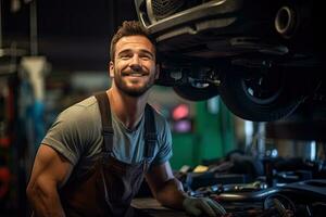 coche mecánico trabajando en auto reparar tienda. hermoso joven hombre en uniforme trabajando con coche motor. generativo ai foto