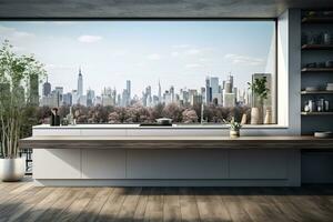 Luxury kitchen interior with white marble countertop, sink and window with panoramic view. Generative AI photo