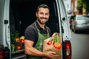 un joven hombre lleva un compras bolso lleno de frutas y vegetales. comida entrega servicio. generativo ai foto