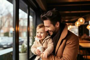 happy father and daughter hugging and smiling while spending time together outdoors. Generative AI photo