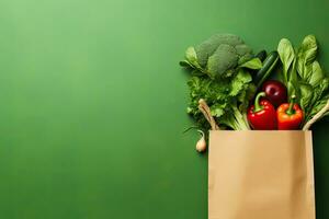 Shopping bag full of fresh organic vegetables on green background. Healthy food concept.  Generative AI photo