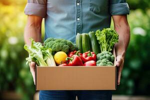 Man holding grocery shopping bag full of fresh vegetables and fruits standing in the supermarket. Food delivery service.  Generative AI photo