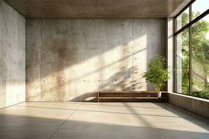 Interior of modern loft with concrete floor and panoramic windows.  Generative AI photo