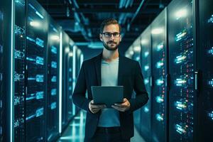 Handsome young businessman using digital tablet while standing in server room.  Generative AI photo