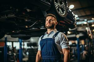 selective focus of handsome auto mechanic in uniform repairing car in auto repair shop. Generative AI photo