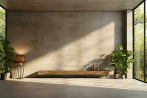 Interior of modern loft with concrete floor and panoramic windows.  Generative AI photo