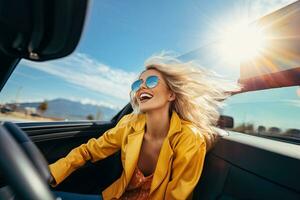 summer holidays, vacation, road trip and people concept - smiling young woman driving convertible car. Generative AI photo