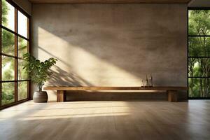 Interior of modern loft with concrete floor and panoramic windows.  Generative AI photo