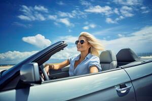 summer holidays, vacation, road trip and people concept - smiling young woman driving convertible car. Generative AI photo