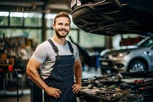 Car mechanic working in auto repair shop. Handsome young man in uniform working with car engine. Generative AI photo