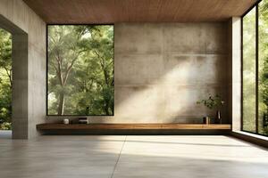 Interior of modern loft with concrete floor and panoramic windows.  Generative AI photo