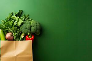 Shopping bag full of fresh organic vegetables on green background. Healthy food concept.  Generative AI photo