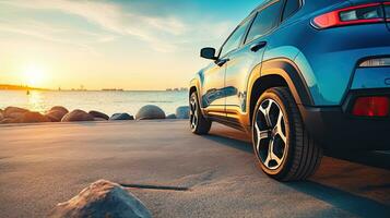 coche en el playa a puesta de sol. concepto de viaje y vacaciones. generativo ai foto