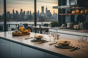 Luxury kitchen interior with white marble countertop, sink and window with panoramic view. Generative AI photo