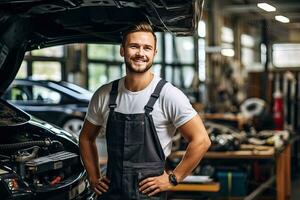 coche mecánico trabajando en auto reparar tienda. hermoso joven hombre en uniforme trabajando con coche motor. generativo ai foto