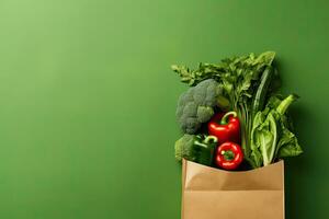 Shopping bag full of fresh organic vegetables on green background. Healthy food concept.  Generative AI photo