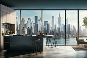Luxury kitchen interior with white marble countertop, sink and window with panoramic view. Generative AI photo