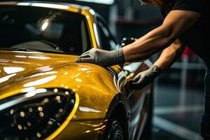 Car detailing series, Worker in protective gloves polishing a car. Generative AI photo