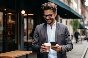 Handsome businessman using smartphone and holding coffee cup while in the city. Generative AI photo
