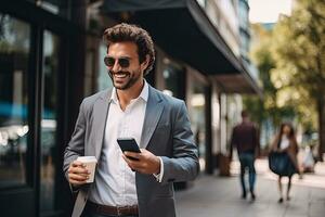 Handsome businessman using smartphone and holding coffee cup while in the city. Generative AI photo