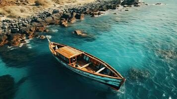 Aerial view of a wooden fishing boat in the sea, Greece. Generative AI photo