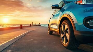 coche en el playa a puesta de sol. concepto de viaje y vacaciones. generativo ai foto