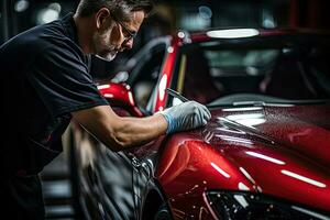 coche detallado serie, trabajador en protector guantes pulido un coche. generativo ai foto