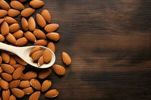 Almond nuts in wooden spoon on wooden background. Top view with copy space. Generative AI photo