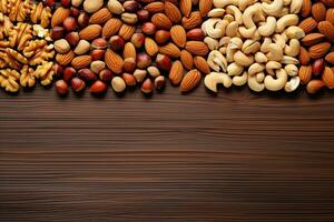 Almond nuts on wooden background. Top view with copy space. Generative AI photo