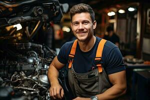 coche mecánico trabajando en auto reparar tienda. hermoso joven hombre en uniforme trabajando con coche motor. generativo ai foto