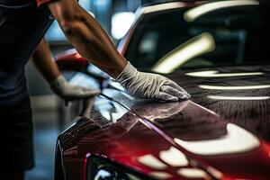 coche detallado serie, trabajador en protector guantes pulido un coche. generativo ai foto