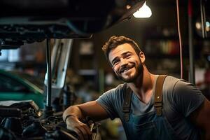 coche mecánico trabajando en auto reparar tienda. hermoso joven hombre en uniforme trabajando con coche motor. generativo ai foto