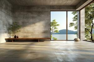 Interior of modern loft with concrete floor and panoramic windows.  Generative AI photo